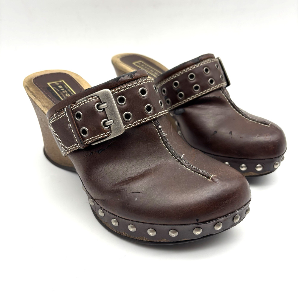 Vintage 90s Y2K Arizona Brown Faux Leather Buckle Studded Wedge Clogs 6.5M